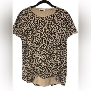Zara Tan Black Cheetah Leopard Short Sleeve Scoop Neck Loose Top Size S